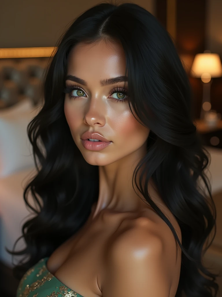 Create a hyper-realistic portrait of a glamorous young woman with long, wavy black hair, adorned with subtle smokey green eye makeup. Focus on capturing the fine details and natural textures of her skin, avoiding any artificial smoothing effects. The skin should display realistic pores, subtle imperfections, and natural highlights, enhancing the authenticity of her facial features. She is elegantly posed in a luxurious hotel room, with a modern, sophisticated design featuring rich textures and warm tones. The soft, ambient lighting should highlight the depth of her facial features, bringing out the natural contours and shadows, while maintaining the opulent and inviting atmosphere. The room's decor includes plush furnishings, a stylish headboard, and hints of gold accents, contributing to the overall luxury of the scene.