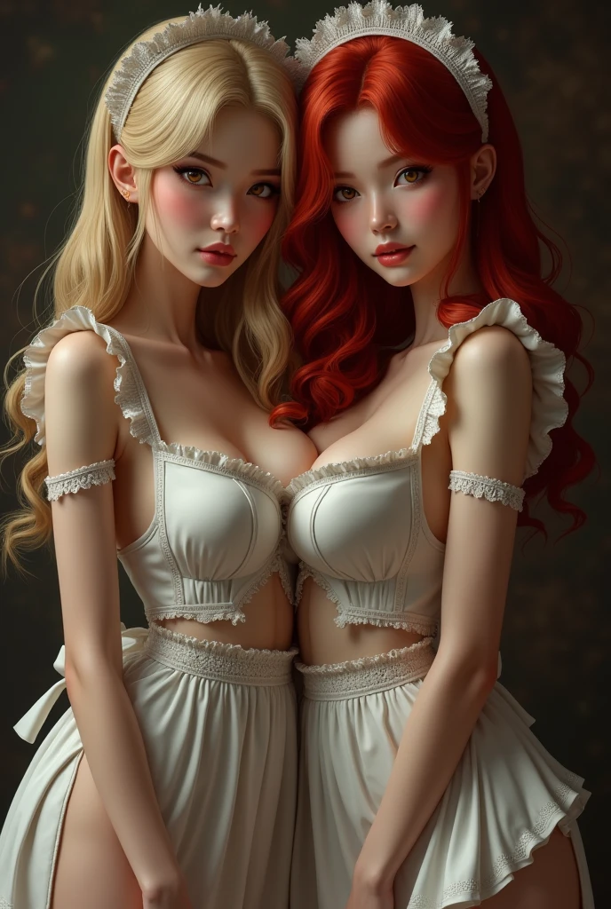 A realistic rendering of an Anne Anderson style illustration of a very close shot, ultra close shot on the breasts  of three girls , 3 kissing, pert, nubile, thin, freckled  teen   girl with 50s style, very short red hair, bows in hair, slight smile, topless, best quality, tiny breasts, bare breasts, small breasts, bare crotch, exposed crotch, pink nipples , puffy nipples , exposed nipples , wearing  pink bondage straps, black, spiked  choker necklace,  a silver chain wrapped around body, open, white blouse, white lace collar, pastel lace, pastel lace straps under nipples, pastel lace straps under breasts,  open light blue, fuzzy sweater, black lace, black lace pantyhose, black pantyhose,  leather, studded choker necklace, undressing,      uniform, partially clothed, reclining on a bed  in a pink, 1950s  girl's bedroom, full of bondage straps,, ultra close shot on breasts 