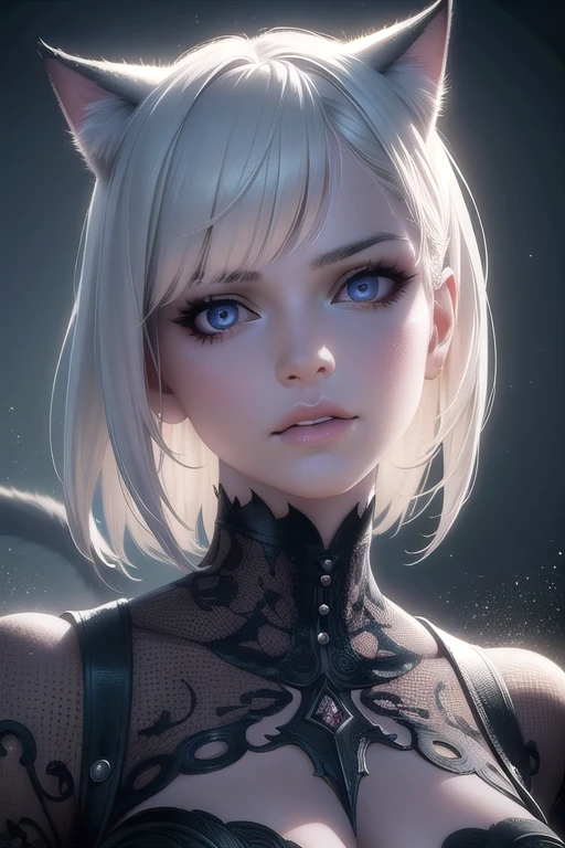 A detailed and high-quality woman, adult woman, full lips, short white hair, sharp claws, cat ears, cat tail, shorts, (best quality,4k,8k,highres,masterpiece:1.2),ultra-detailed,(realistic,photorealistic,photo-realistic:1.37),intricate details,hyper-realistic,3D render,volumetric lighting,cinematic lighting,dramatic lighting,dynamic pose,highly detailed face,extremely detailed eyes and face,longeyelashes,beautiful detailed eyes,beautiful detailed lips,portrait,fantasy,dark fantasy,horror,digital art,concept art