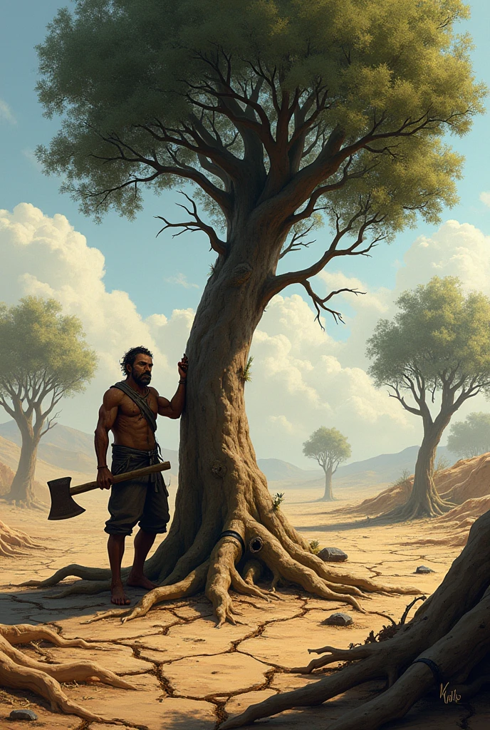 Drought,dry land,tree logging,man holding an ax and cutting a tree,