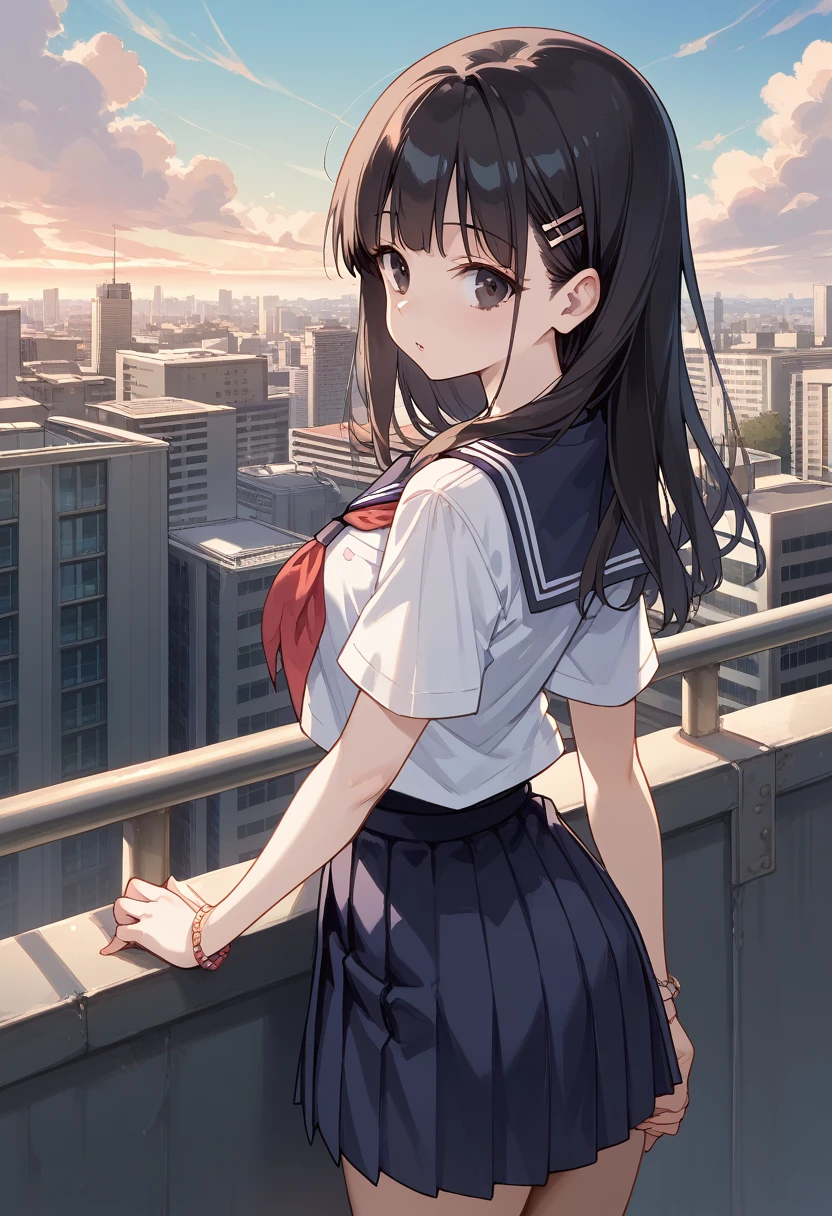 A pretty girl (black hair, dark eyes, pale skin) is wearing a school uniform, BREAK, standing on top of the school roof, a metal railing, BREAK, background, a dramatic view of the city in the early morning, dawn cityscape at Tokyo