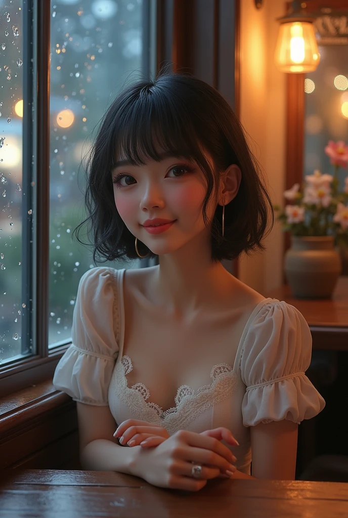 (8k, best quality, masterpiece:1.2), (realistic, photo-realistic:1.37), ultra-detailed,((( 1 girl))),solo,beautiful detailed sky,detailed cafe,night,sitting,dating,(nose blush),(smile:1.15),(closed mouth) small breasts,beautiful detailed eyes,(shirt:1.1), night, wet, rain,white lace, (short hair:1.2),floating hair NovaFrogStyle, ((full body)),stand, sexy, cute