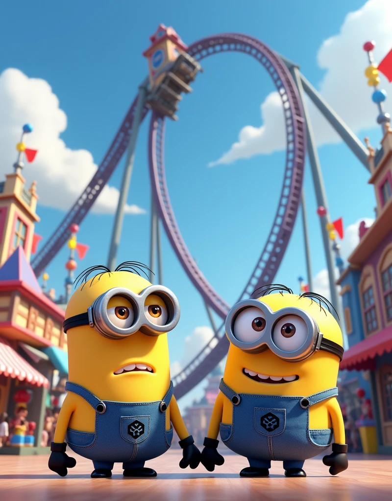 Minion Kevin is standing next to the roller coaster