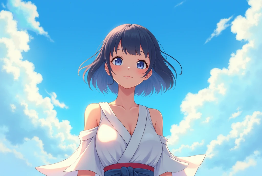 (Cinematic Digital Artwork: 1.3), High Quality, Masterpiece, Top Quality, Super Detail, Illustration, [4K Digital Art]!!、 Kyoto Animation Style, One Woman, Clavicle Beauty, Clavicle, Light, Hope, Blue Sky, Positive, Challenge, Motivation, Brilliance, Dynamic Perspective