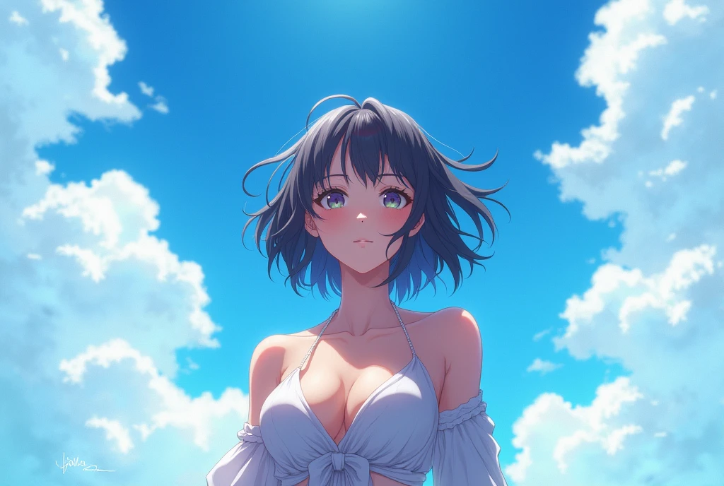 (Cinematic Digital Artwork: 1.3), High Quality, Masterpiece, Top Quality, Super Detail, Illustration, [4K Digital Art]!!、 Kyoto Animation Style, One Woman, Clavicle Beauty, Clavicle, Light, Hope, Blue Sky, Positive, Challenge, Motivation, Brilliance, Dynamic Perspective