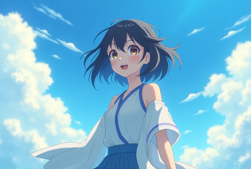 (Cinematic Digital Artwork: 1.3), High Quality, Masterpiece, Top Quality, Super Detail, Illustration, [4K Digital Art]!!、 Kyoto Animation Style, One Woman, Clavicle Beauty, Clavicle, Light, Hope, Blue Sky, Positive, Challenge, Motivation, Brilliance, Dynamic Perspective