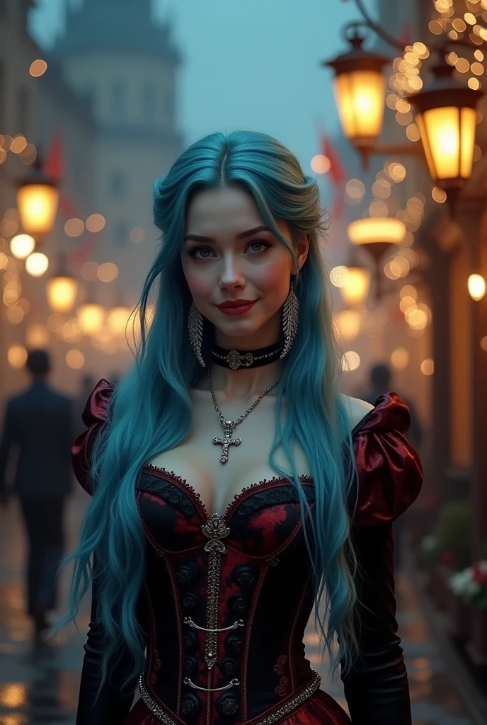 ((Masterpiece, Best Quality, Highest Image Quality, High Resolution, Photorealism, RAW Photos, 8k)), A beautiful woman, 20 years old female, pale skin, fine feature, soft feature, young face, oval face, lightly smile, straight long hair, blue haired, show forehead, silver cross necklace, long feather earrings, black and red dress, circus costume, Medieval style, corset. Outdoors, nighttime, in the night circus, victorian street lamps, gothic architecture, Christmas.