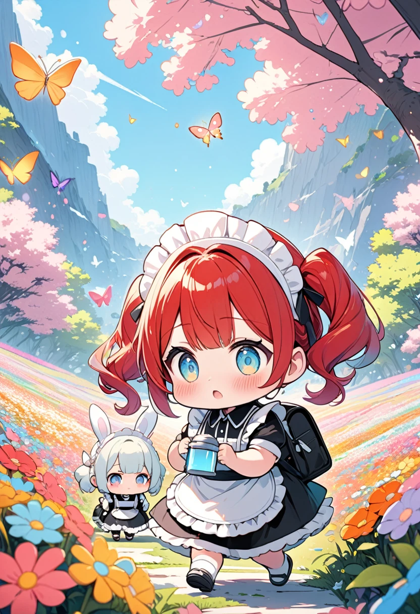 (pastel color illustrations:1.5),super chibi style girl,girl with red hair in twin tails,girl wearing maid headdress and cute maid outfit with frills,girl carrying light pink backpack,plump rabbit with fluffy white fur,rabbit walking alongside girl,rabbit looking at girl anxiously,(the rabbit is walking with the girl:1.3),(the rabbit looks at the girl anxiously:1.2),cute flower field background with butterflies,vivid colors,masterpiece,best quality,4k,8k,ultra detailed,professionally drawn illustrations