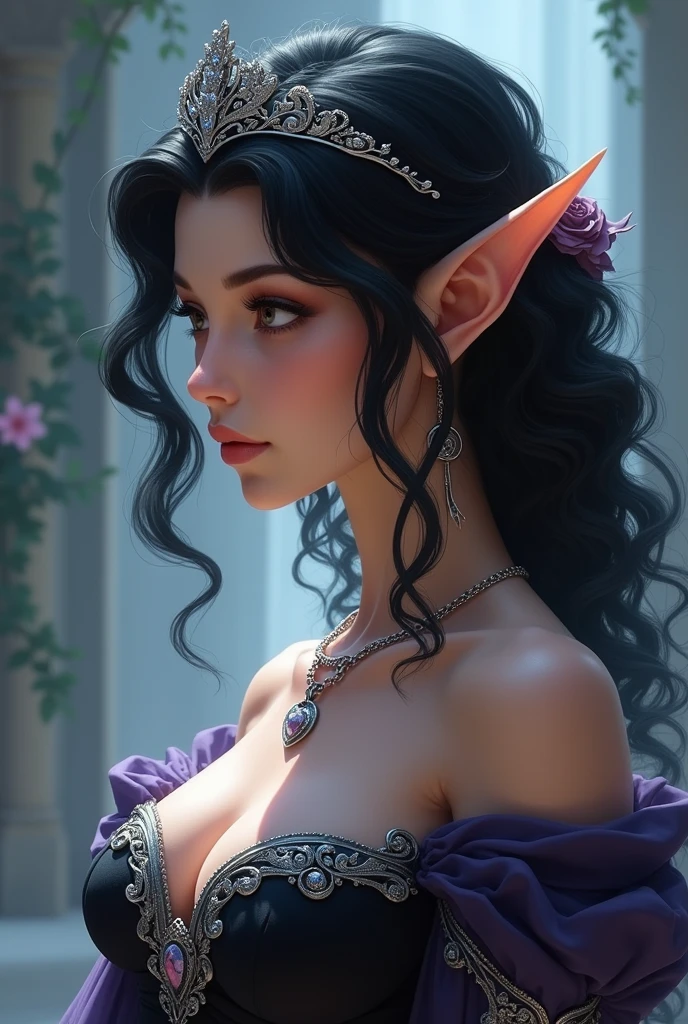 Elf woman with curly jet black hair, with light brown eyes and long eyelashes, light colored skin, in a profile view with an indifferent look, She wears a silver tiara and an elegant black dress with purple with silver details and a silver chain with a heart pendant., Final Fantasy type drawing style