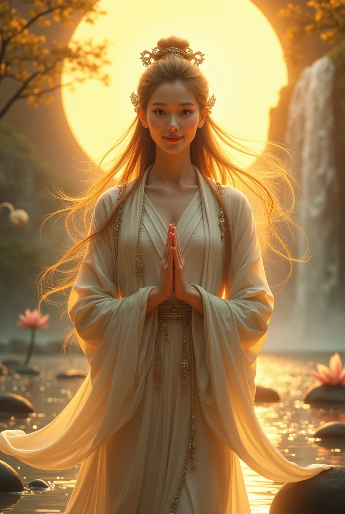 lute、smile、waterfall、lake、Beauty、The body is facing forward、looking at the camera、Hands folded in front of you、God with a golden background々It emits a bright light、
vivid、kimono、Decorations、Long Hair、Wind、Lotus flower、White Snake、Halo、Digital Art、人物にも光が当たっている
mysterious、beautiful、Realistic、vivid、Lotus flower、Long Hair、Wind、beautiful、mysterious、Upper body photo