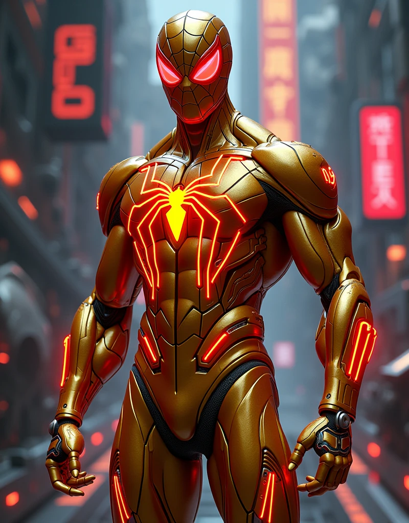 spider man in Terminator futuristic glossy red neon lighting golden suit muscler body cyberpunk space world background 