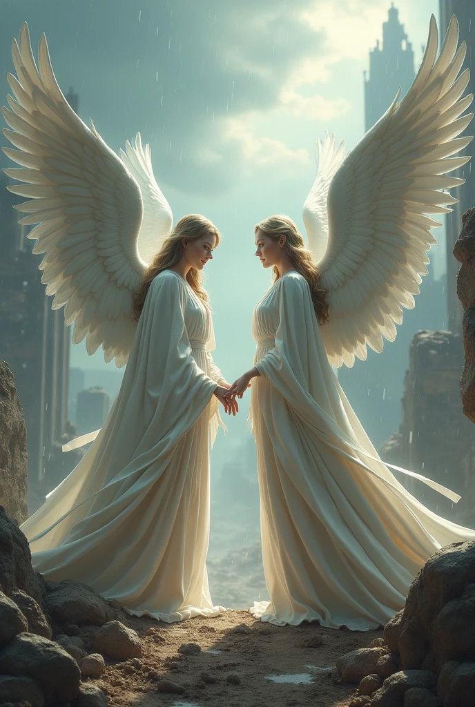 hyper-realistic portrait of 2 angels , they wear white clothes , with striking faces like the demigods, they bring a divine message to an Israelite named Lot from biblical times, the scene is a city in destruction, Hail falls from the sky , detailed matte painting, deep cores, Fantastic, details Intricate, splashscreen, complementary cores, fantasy concept art, 8k resolution trend in Artstation Unreal Engine 5