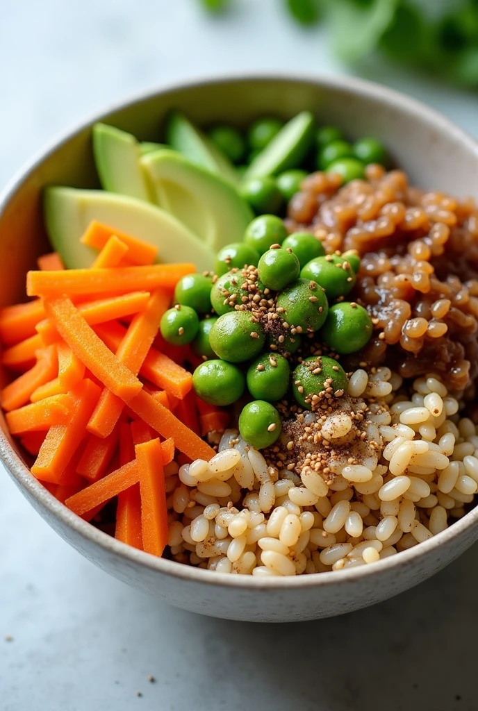 Create an image of this recipe: Brown Rice Bowl with Edamame and Avocado Ingredients:
- Brown rice: 100 g - Cooked Edamame: 100 g - Avocado: 100 g - Carrot: 50 g - Soy sauce: 15 ml - Sesame seeds: 10 g
- Sal: 5 g - Pepper: 2 g Preparation:
1. Cook brown rice according to package directions and let cool..
2. Wash and cut the carrot into thin strips. Peel and cut the avocado into cubes.
3. In a bowl, Mix the brown rice with the edamame, carrot and avocado.
4. Align with soy sauce, sesame seeds, salt and pepper.
5. Serve cold or at room temperature.