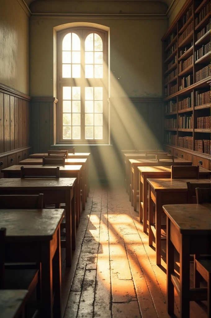 Old classroom with books and rayn of sunlight
