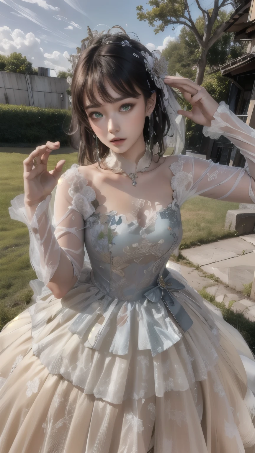 best quality, ultra high resolution, (realistic:1.4), masterpiece, mackerel, original, very detailed wallpaper, 
grass, sky, 
1 woman, alone, wet \(It went well with you\), wathet dress, 
Straight salute, 