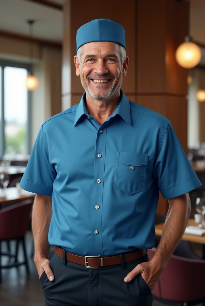 a male restaurant waitress in a flight attendant's uniform plus blue realistic model