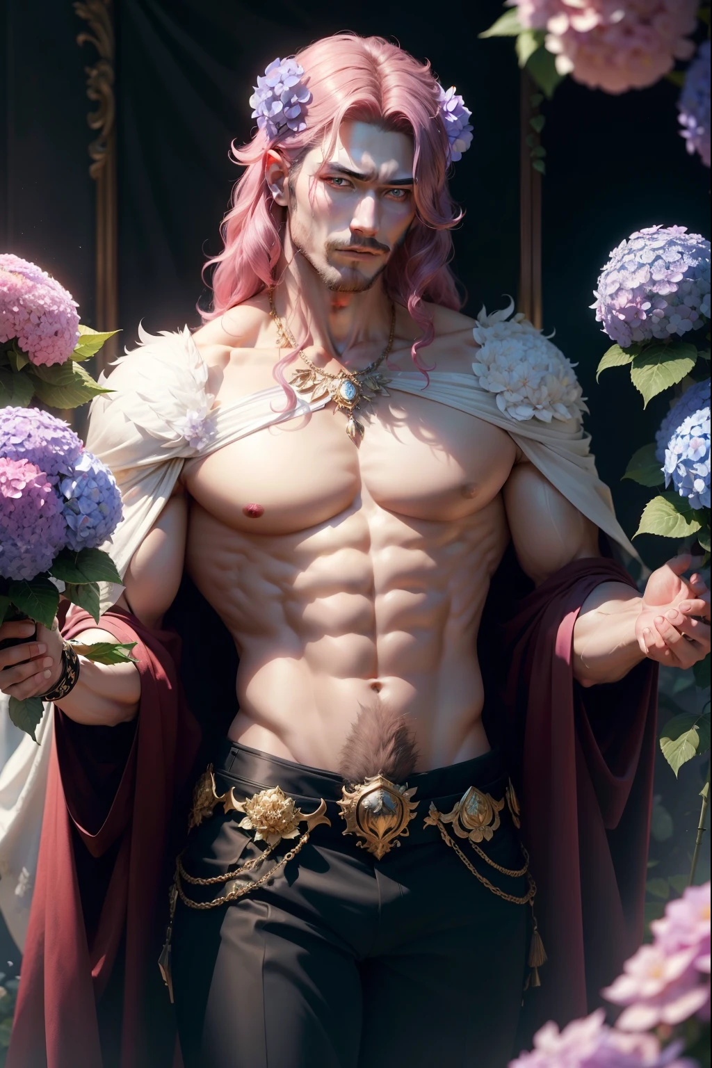 (8k,photorrealistic　RAW photograph　Maximum quality;1.4) (1 Korean) Super handsome king of the underworld　(lifelike face) 　(hair with hydrangea flowers,  medium hair in the wind)　slenderbody　Muscular and macho　big pink eyes　Aristocratic metallic outfit with hydrangea flowers　Hydrangea flower decoration in the wind　Fangs peeking out of the mouth　Pointed claws　a  gaze　Beautiful expression　A hyper-realistic　(King of the Underworld)　appealing　(real looking skin)　super high resolution　high détail　Luxurious pants with hydrangea flowers 　Aura of hydrangea flowers emanating from the body　effect　hydrangea flower cover