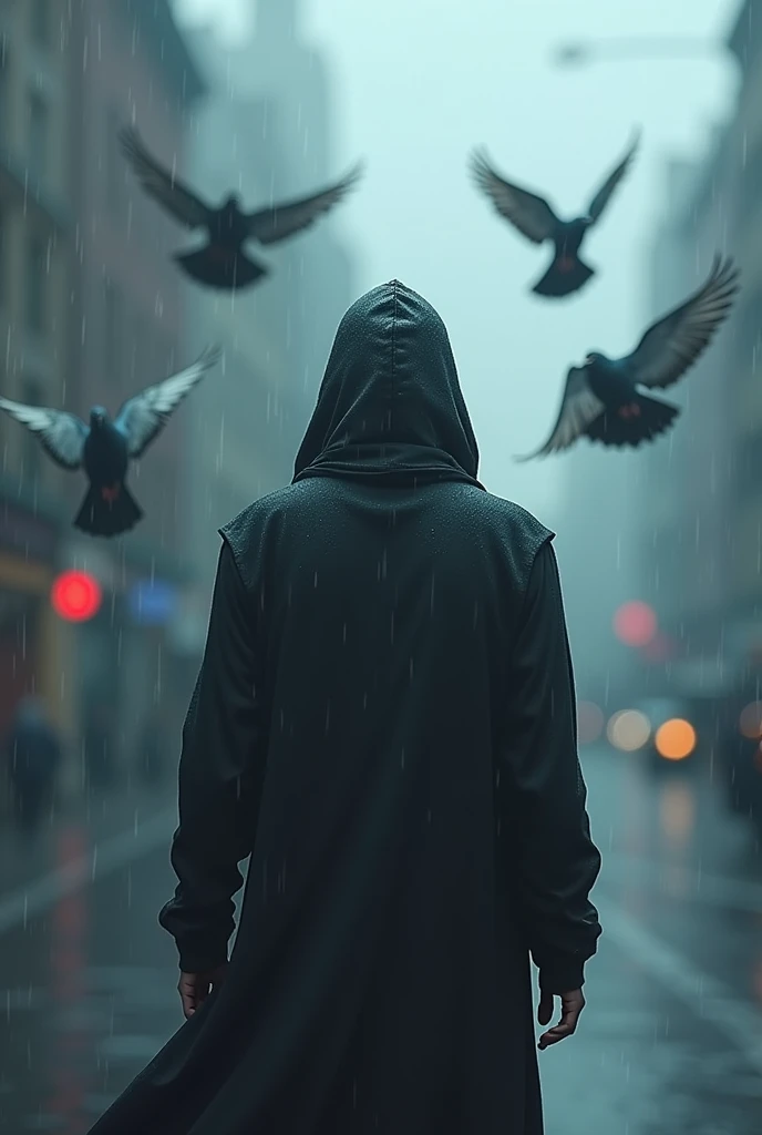 Person from back with hood in the rain with many pigeons flying around