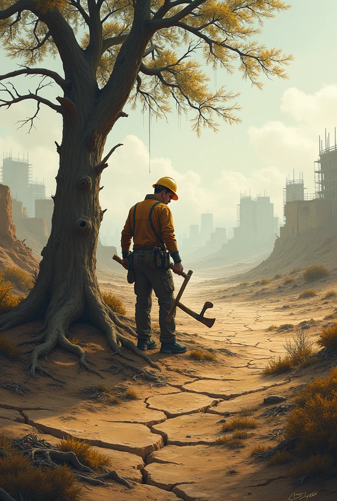 Drought,dry land,tree logging,construction worker holding an ax and cutting a tree,