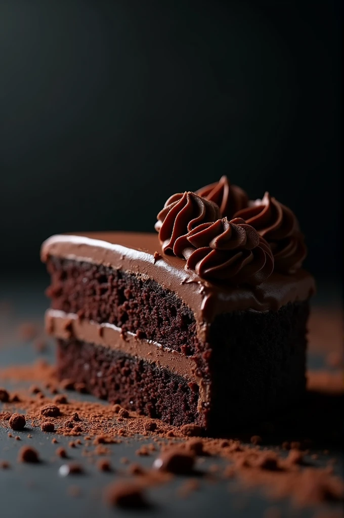 cinematic film still chocolate, chocolate cake, dark background, quality photo, moist texture, frosting, studio photo, slice . shallow depth of field, vignette, highly detailed, high budget, bokeh, cinemascope, moody, epic, gorgeous, film grain, grainy . ( Give this image in 16:9 ratio )