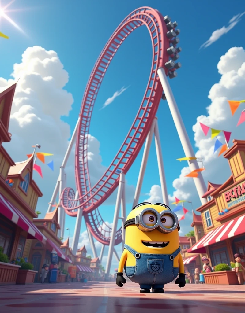 Minion Kevin is standing next to the roller coaster