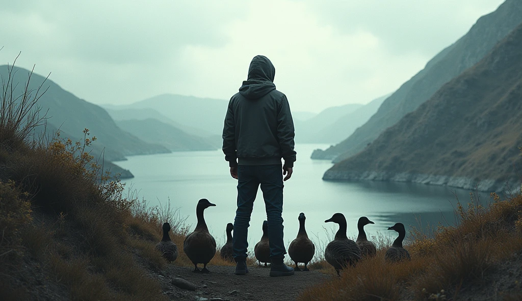 A man in a hooded jacket stands with his back to the camera, on the edge of a wild, untamed landscape. Around him, several ducks gather, as if ready to join him on a journey into the unknown. The scene captures a moment of anticipation, with the man poised to embark on an adventure he's never experienced before