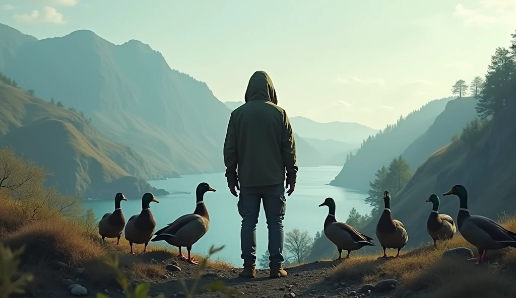 A man in a hooded jacket stands with his back to the camera, on the edge of a wild, untamed landscape. Around him, several ducks gather, as if ready to join him on a journey into the unknown. The scene captures a moment of anticipation, with the man poised to embark on an adventure he's never experienced before