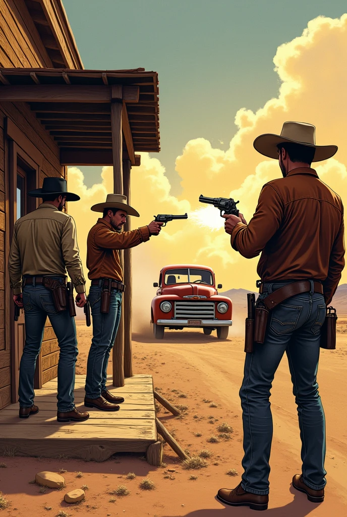 Hyperrealistic color comic 1950s three outlaw cowboys on the porch of a saloon shooting with pistols at the sheriff in the desert in the background a parked Ford truck the sheriff shoots at the three cowboys in the back of the saloon a cowgirl woman in a long skirt with two pistols in her hands shoots at the three cowboys from the door of the saloon