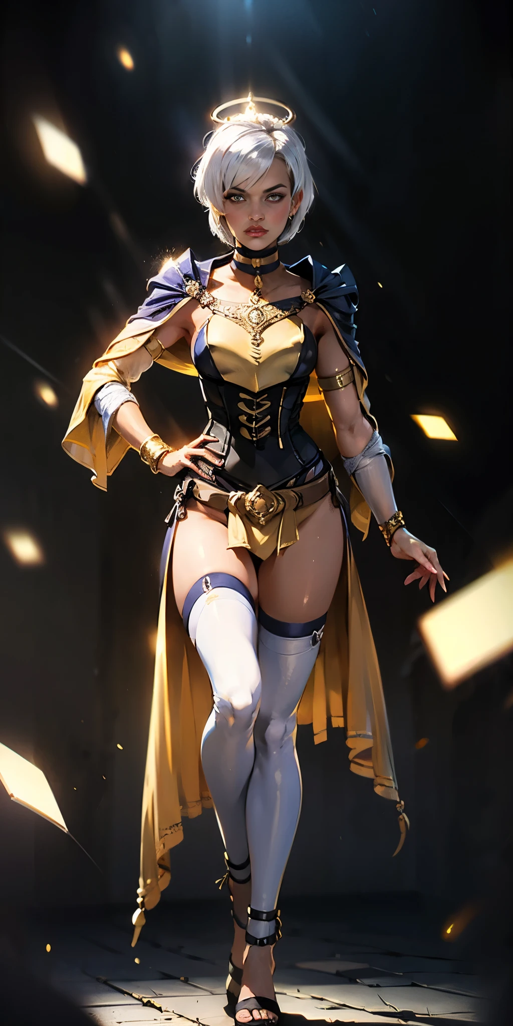 (black background) paladin lady in ornate golden armor, pauldrons, breastplate, corset, glowing halo, short hair, bob hair style, white silver hair, yellow glowing eyes, bright pupils, eye focus, red cape, particles, light beam, chromatic aberration, full body, whole body 1solo (girl) loincloth standing, hands on hips, metal sandals, leather black choker, big belt, view from below, feet together, bracers, tiara