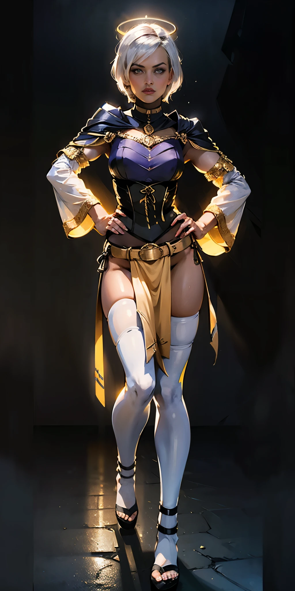 (black background) paladin lady in ornate golden armor, pauldrons, breastplate, corset, glowing halo, short hair, bob hair style, white silver hair, yellow glowing eyes, bright pupils, eye focus, red cape, particles, light beam, chromatic aberration, full body, whole body 1solo (girl) loincloth standing, hands on hips, metal sandals, leather black choker, big belt, view from below, feet together, bracers, tiara