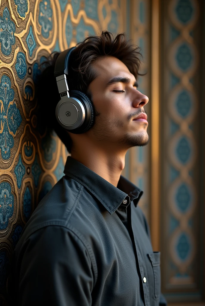 A man with headphone in music mood beautiful Islamic wallpaper 