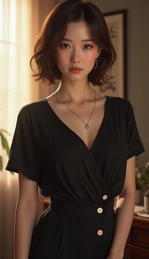 Highest quality, Very detailed, masterpiece, 1 person,Japanese women,(((Perfect female body))),Very beautiful face, Very beautiful body,Gentle expression, Very beautiful eyes,(Perfect Makeup:1.1),Big Breasts,40s、short hair、Brown Hair:1.3, Big Breasts、Soft body、黒いモノトーンビッグサイズShort sleeveシャツ,Ankle Pants,Simple Necklace,anklet,A kind smile,Full body portrait,(indoorの背景:1.3), (Glowing Skin),(Earrings),indoor、cute、Short sleeve