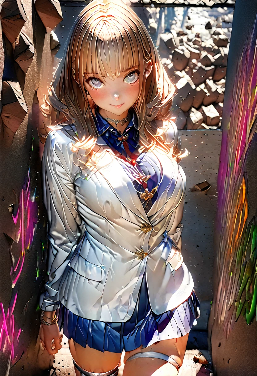 (8k、masterpiece、Highest quality、Highest Level、Best image quality、Flying debris、Intricate details、High resolution、Depth Field、Natural light、Professional Lighting)、(Very beautiful girl)、1 girl、difficult、(cute:1.2)、A very beautiful 20-year-old manga、(Skin with attention to detail: 1.2)、Photorealistic Anime Girl Rendering、Realistic anime 3D style、Beautiful bright purple long hair、強烈なRed eyes、Strong eye highlights、Very large breasts、Perfect Anatomy、((Cat ear、White jacket、Wearing white lingerie、mini skirt))、Decorative choker、Metal Accessories、Place your hands behind your back、Beautiful long hair、Crossed bangs、Asymmetrical bangs、Bobcut、eyelash、Red eyes、A very mysterious smile、charm、(Sophisticated headphones)、A body made shiny with oil、レース編みの装飾がされたmini skirt、(graffiti:1.3)、put your hands behind your back、Against the wall、When I look through the viewfinder、bracelet、Thigh straps、Tilt your head、blonde、Iris Blue Eyes、(A body made shiny with oil)、Complex clothing、Intricate details、