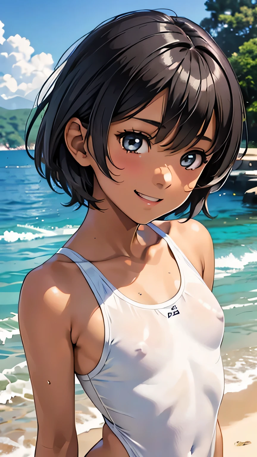 Highest quality、Realistic、、zoom、、、man、low length、cute、Light grey eyes、Black Hair、short hair、Tanned brown skin、Dark Skin、Upper body naked、Light blue swimsuit、smile、Ocean