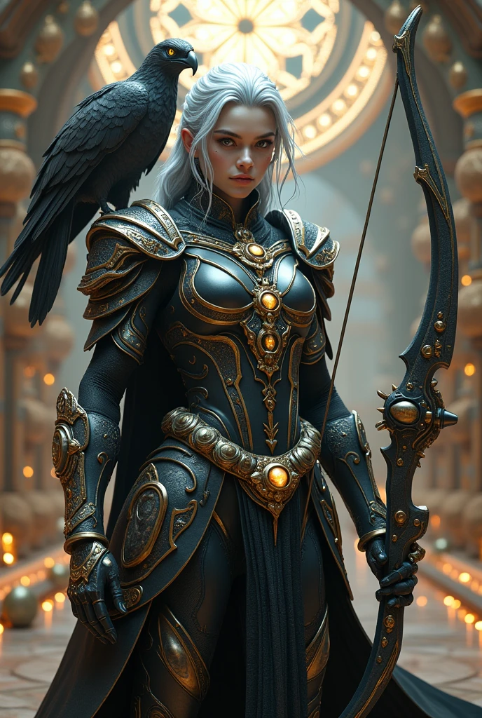 Surreal Very detailed Ultra Fantasy Ultimate Details Ultra-high resolution 8K 32k 3D Clear Eyes Silver Hair Assassin Gorgeous, textured and intricately designed armor A hawk on the right shoulder mechanical engineering Mechanic Art . intricate and elaborate design, money, gold Silver Silver Red Black-purple Dynamic pose Robotics Cinema Lighting Demonic Spell Aura Holding a big bowgun with a unique design in his right hand Magic circle design A large, luxurious amulet made of gold Vivid Color Girl Gorgeous and cool jeweled gauntlets Satanism Devilish shoulder pads