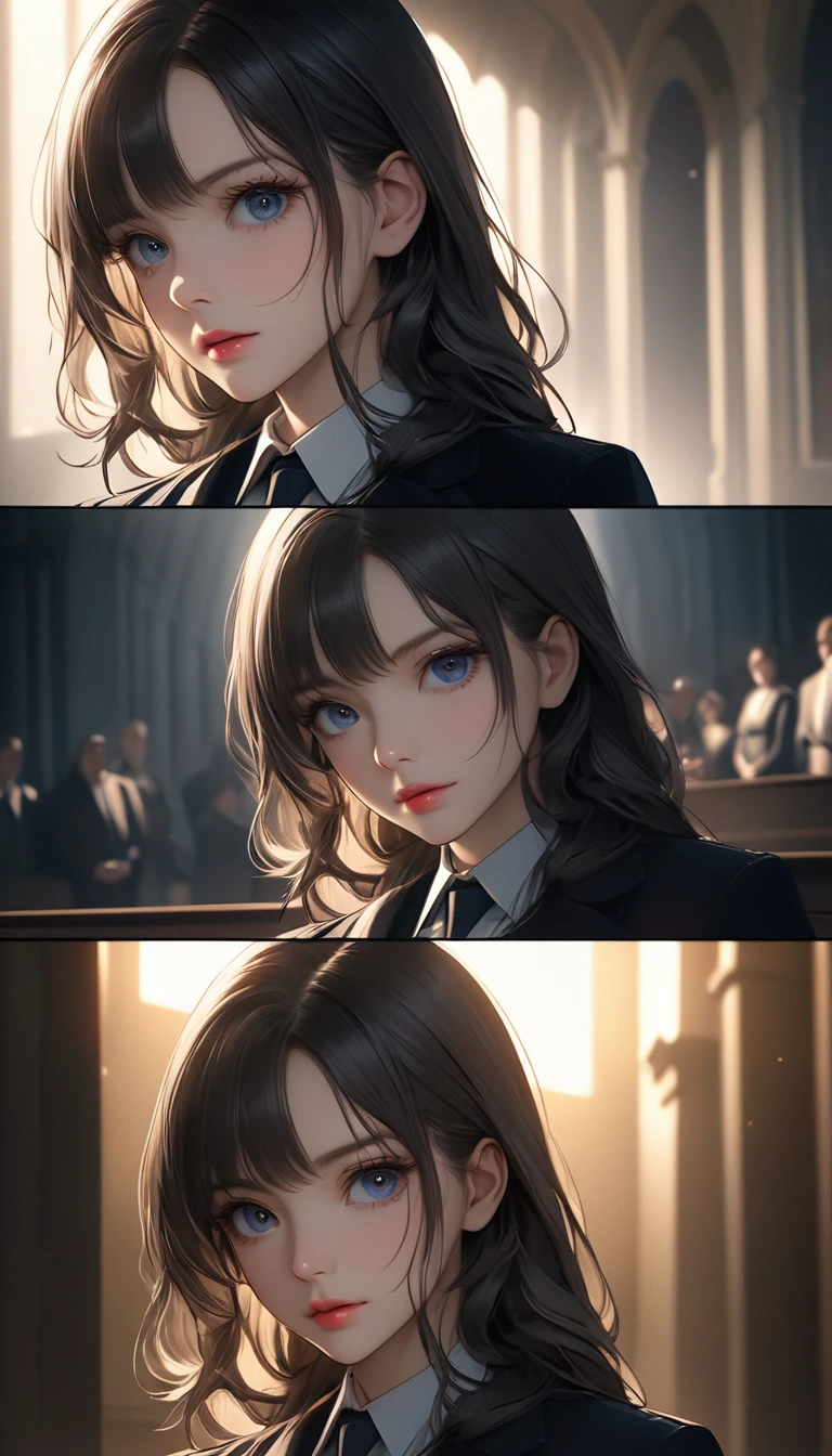 Beautiful and delicate eyes, Beautiful and delicate lips, Extremely detailed eyes and face, Long eyelashes, Elegant female lawyer, Elegant and poised, Guardian of the accused, A beacon of hope in the darkness, Excellent legal defense, Aesthetic defense before historic verdict, Maintaining the rule of law, A clear alibi reveals a clear path, Free from false charges, Wonderful deductive reasoning, Seamless integration,Logically sound, (best quality,4K,8K,high resolution,masterpiece:1.2),Extremely detailed,(Practical,photoPractical,photo-Practical:1.37),Professional Portraits, Dramatic Lighting, Film composition, Moody and atmospheric, Soft tones, Dramatic chiaroscuro