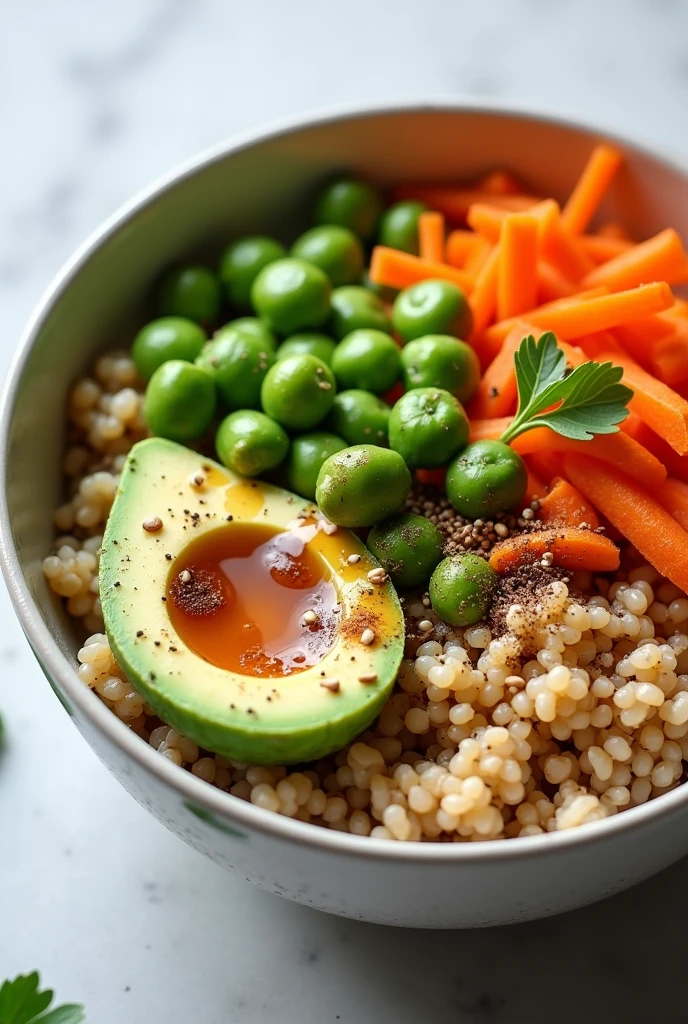 Create an image of this recipe: Brown Rice Bowl with Edamame and Avocado Ingredients:

- Brown rice: 100 g - Cooked Edamame: 100 g - Avocado: 100 g - Carrot: 50 g - Soy sauce: 15 ml - Sesame seeds: 10 g
- Sal: 5 g - Pepper: 2 g Preparation:

1. Cook brown rice according to package directions and let cool..

2. Wash and cut the carrot into thin strips. Peel and cut the avocado into cubes.

3. In a bowl, Mix the brown rice with the edamame, carrot and avocado.

4. Align with soy sauce, sesame seeds, salt and pepper.

5. Serve cold or at room temperature.

