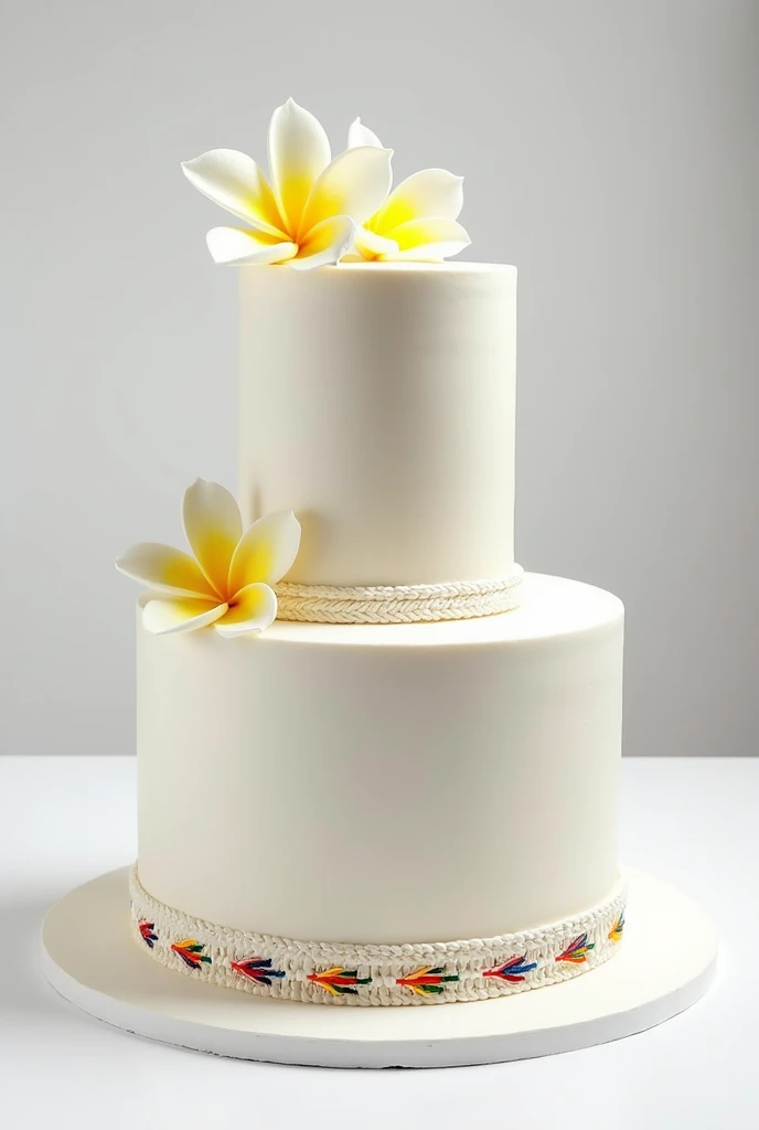 Imagine a two-tier cake, completely white, with a smooth and elegant finish. At the top and at the base of each floor, There are braids that imitate the typical ornaments of Nicaraguan folklore dresses., with bright colors like red, blue, green and yellow. These braids are delicate and finely detailed., adding a cultural and festive touch.

On top of the cake and maybe at some strategic points on the sides, sacuanjoche flowers are placed (the national flower of Nicaragua), with its soft yellow petals, which contrasts beautifully with the white background of the cake. The flowers could be fresh or made from fondant., but they are placed in a way that they look natural and elegant.
