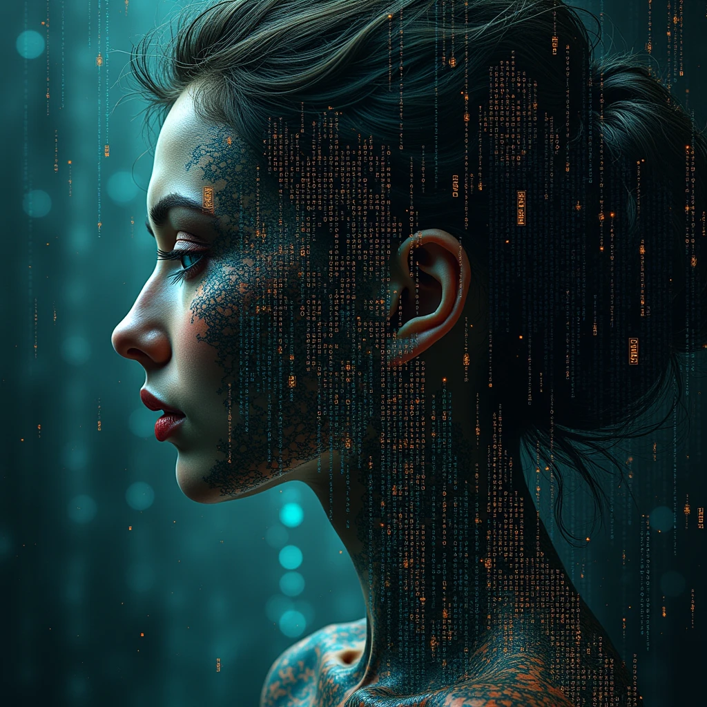 In this masterful digital artwork, a mysterious female figure dubbed "The Encrypted Muse" captivates viewers with her intricate design. Her silhouette is defined by rows of alphanumeric characters representing various encryption methods, while her skin features subtle patterns containing hidden messages through steganography. Her hair is composed of cascading binary code, with QR codes subtly integrated, each potentially linking to encrypted information. Her dress is an elaborate mesh of Enigma machine rotor settings, creating a shimmering effect. The background is a sea of data, with a mix of cryptographic hashes, public key fragments, and classic cipher texts. Her eyes are represented by intricate Vigenère squares, and her lips by a delicate arrangement of DNA-based data encoding. Scattered throughout the image are steganographic elements, including microdots, color variations, and irregularities in texture.