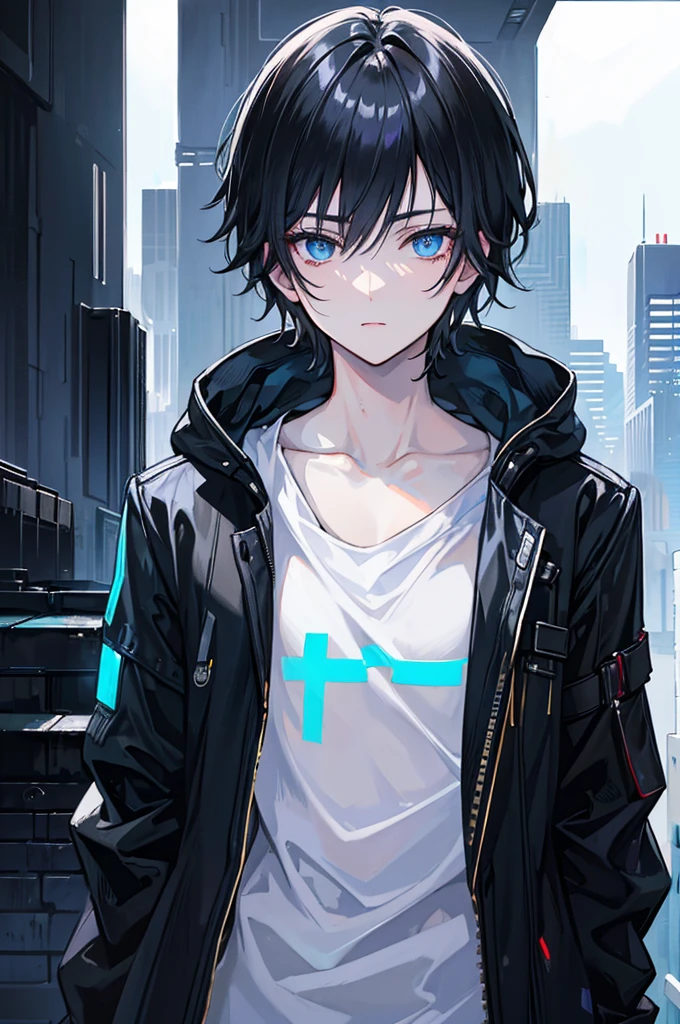 Face_through_torso, ((1man)), short_hair(Black_Hair, Dirty Hair), Blue_Eyes, hair_between_eyes, White_Trench Coat (Cyberpunk), hand_in_pocket, Light_face