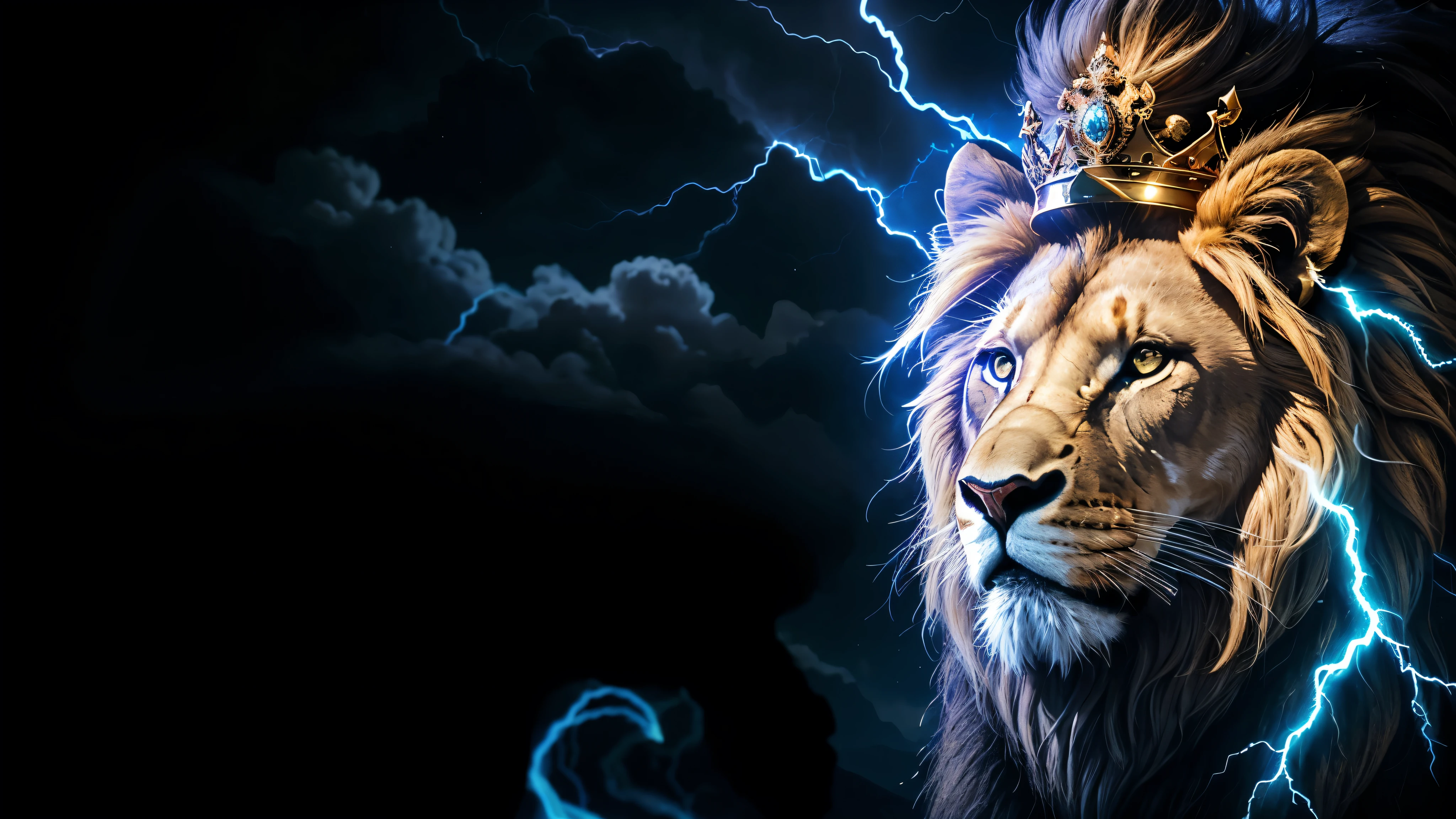 Lion, Divine Lion, naturals, thunder, Realistic Lion, rey, realistic detailed, sunset light, sky, sol da noite, realistic detailed 16K, Eletricidade Detalhada 8k, Texturas realistas de 8k, Cores photorrealistic 8k, fire azul, realistic detailed Fire Bolt, sky Light Detailed, Power of thunder, Divine Realistic, golden crown, golden crown, golden crown, naturey, Linda, Rendering, photorrealistic, UltraHigh definition, 4K, detailed textures, thunder, detailed shadows, detailed colors, neon blue, blue light, lightnings, blue power, naturey Linda, Great Divine, peaceful face, naturalss, lightning, Electric power screw, detailed contrast, realistic contrast, high resolution, detailed colors, fire, villany, divine creature, 8k FullHD, realistic detailed, 16K, 8k, High definition, detailed contrast, realistic contrast, high resolution, detailed colors, fire, villany, divine creature, 8k Realistic Lion Face, Beauty Lion, beauty nature, realistic detailed, posh, elegance