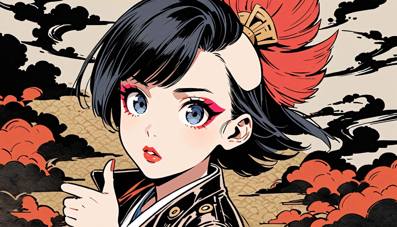 (((Ink Painting))), (((from above))), (((1 female))), (((Leather jacket with Japanese patterns))), (((Mohawk))), (((Very flashy makeup))), (((Finger guns))), Japanese style headphones, face close-up, front view, Japan人の美少女, Black Hair, Delicate and precise, Modern ukiyo-e style,Japan, Droopy eyes, round face, Glare, Fuller lips, vivid color