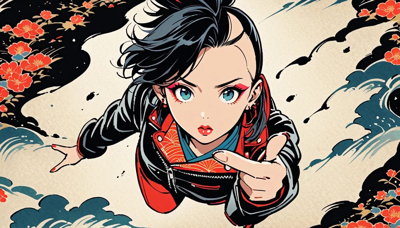 (((Ink Painting))), (((from above))), (((1 female))), (((Leather jacket with Japanese patterns))), (((Mohawk))), (((Very flashy makeup))), (((Finger guns))), Japanese style headphones, face close-up, front view, Japan人の美少女, Black Hair, Delicate and precise, Modern ukiyo-e style,Japan, Droopy eyes, round face, Glare, Fuller lips, vivid color