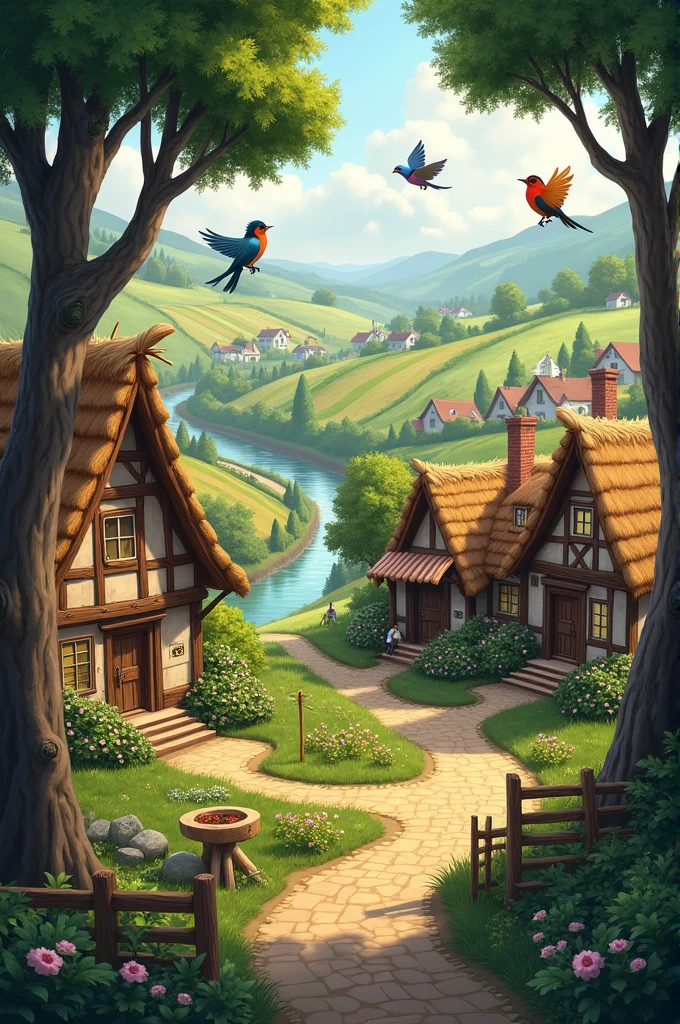 Village homes and tree and birds
