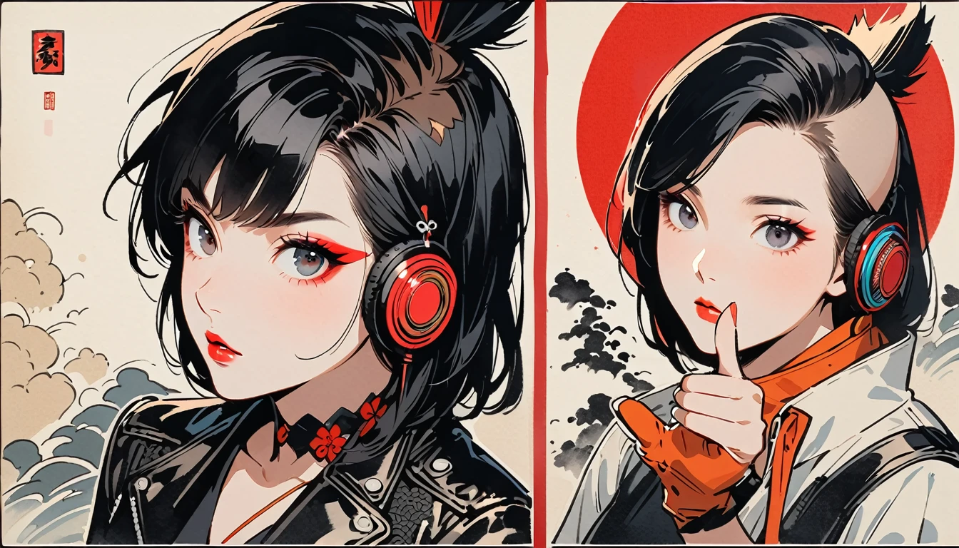 (((Ink Painting))), (((from above))), (((1 female))), (((Leather jacket with Japanese patterns))), (((punk))), (((Very flashy makeup))), Japanese style headphones, face close-up, front view, Japan人の美少女, Black Hair, Delicate and precise, Modern ukiyo-e style,Japan, Droopy eyes, round face, Glare, Fuller lips, vivid color