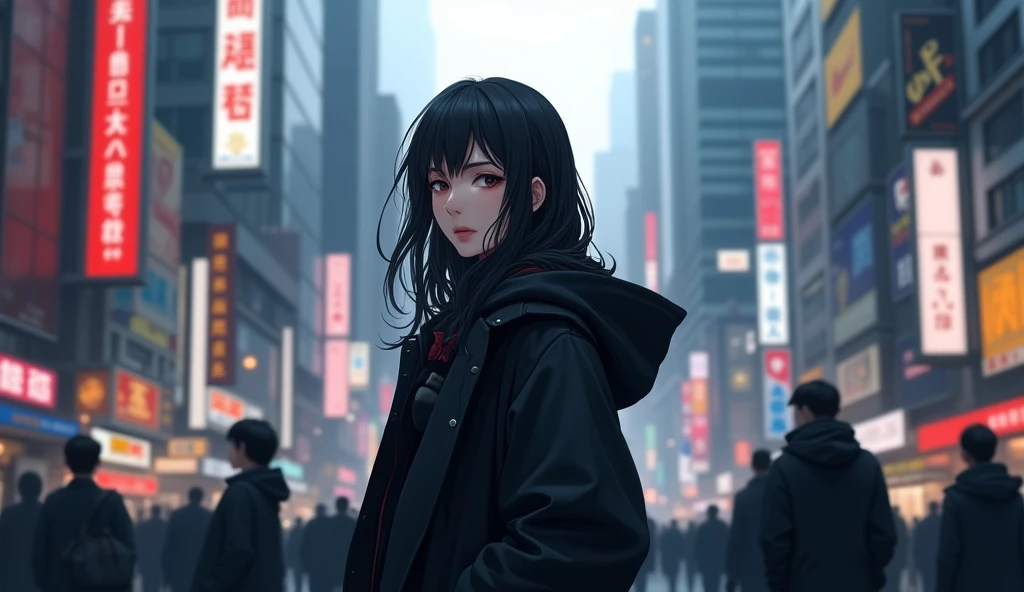 Face away from the camera, black hair, high detail, high quality, Mature woman,Talkative singer,bow in thought,Black hooded coat,On the streets of the metropolis,high-rise buildings,people coming and going,Real People