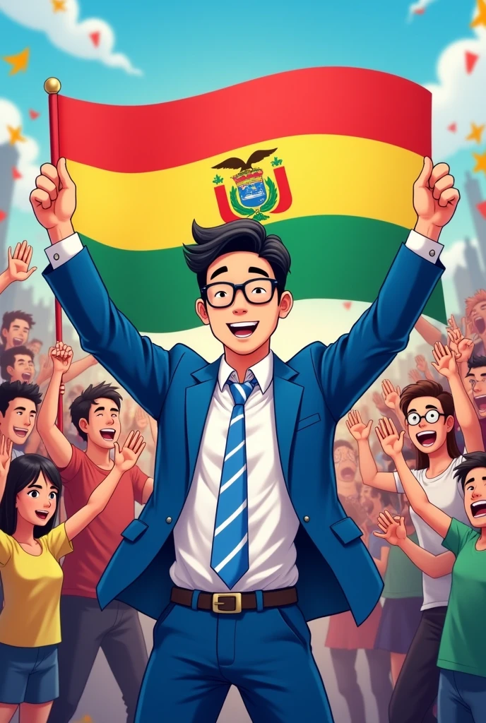 (Cheerful Korean guy with glasses wearing a blue suit, a shirt and a white striped tie. holding a Bolivian flag without the logo just red, yellow and green. Create it in the form of a cartoon piscsart or anime with some people who cheer for you and love you

