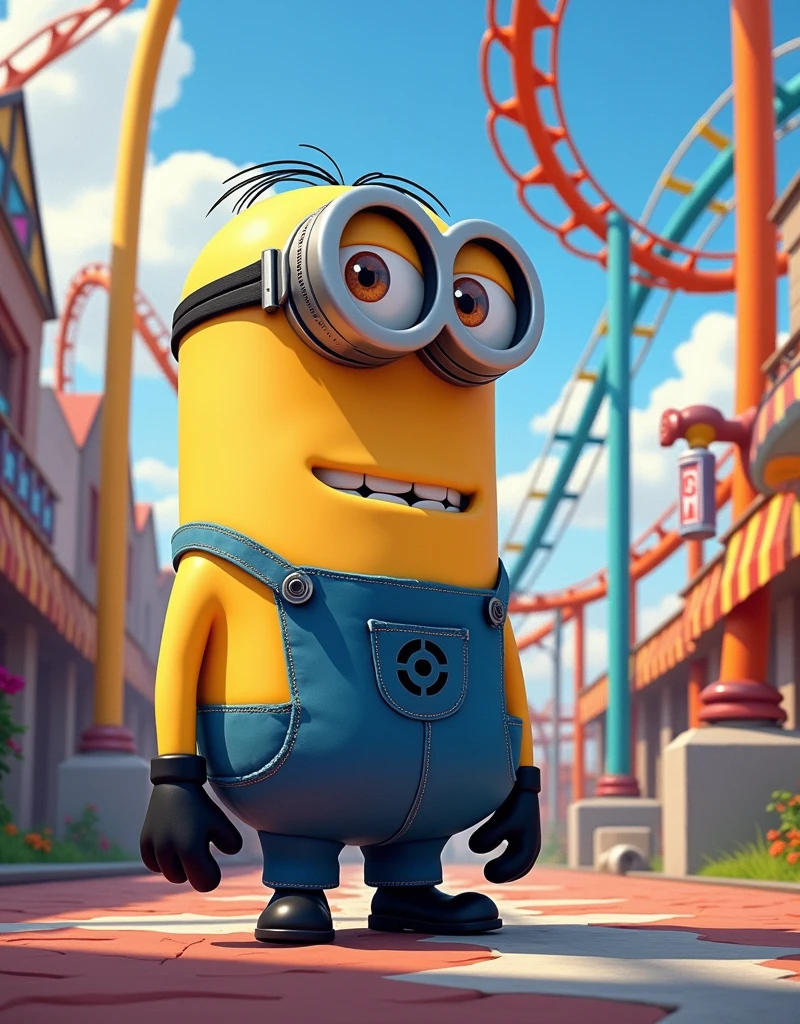 Minion Kevin tall standing next to roller coaster