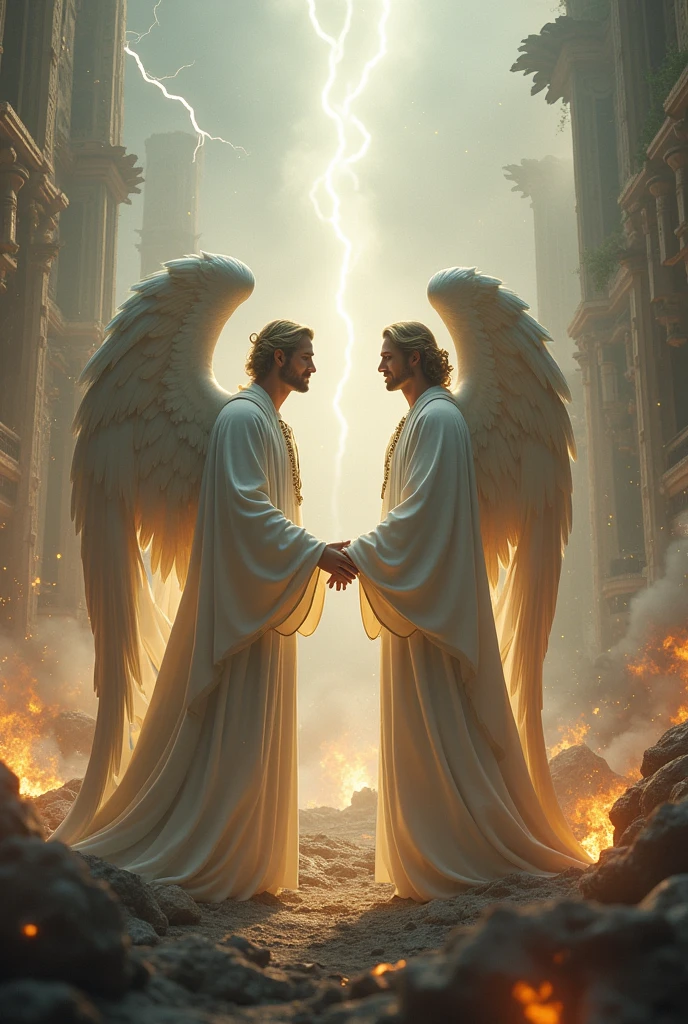 hyper-realistic portrait of 2 male angels , they wear white clothes , with striking faces like the demigods, they bring a divine message to an Israelite named Lot from biblical times, the scene is a city in destruction, Hail falls from the sky , lighting sun, fire, lightning strikes, thunder, detailed matte painting, deep cores, Fantastic, details Intricate, splashscreen, complementary cores, fantasy concept art, 8k resolution trend in Artstation Unreal Engine 5