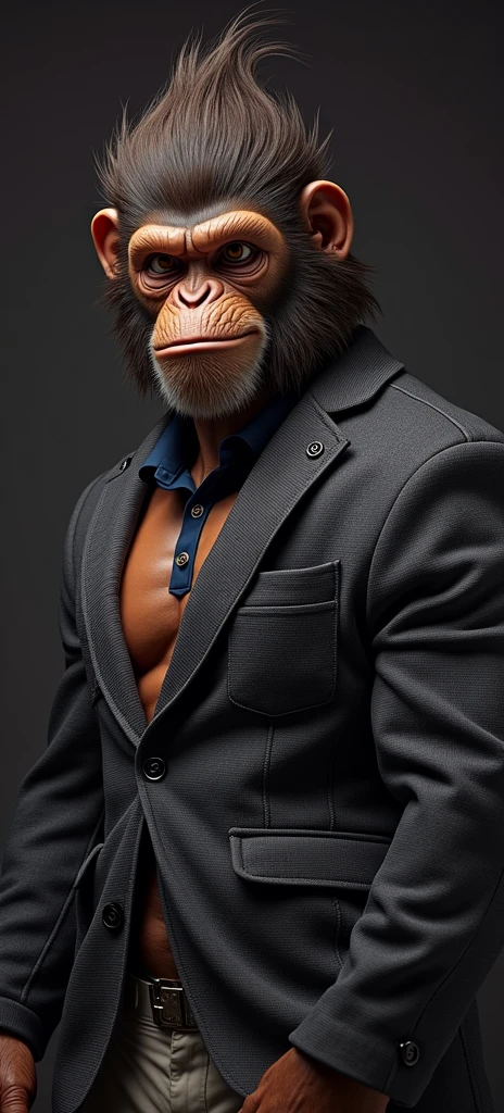 Strong monkey,Blue POLO shirt,Clean and wrinkle-free,White pants,sideways,Light up the edges of your clothing,Strong light on the left